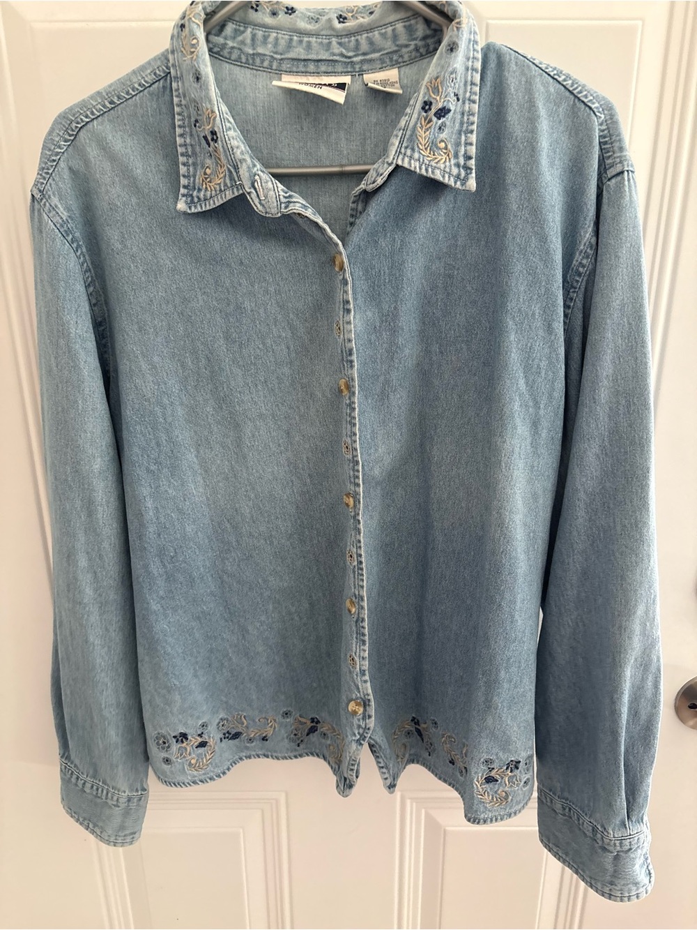 bill blass Light Blue Embroidered Denim Button-Down Shirt